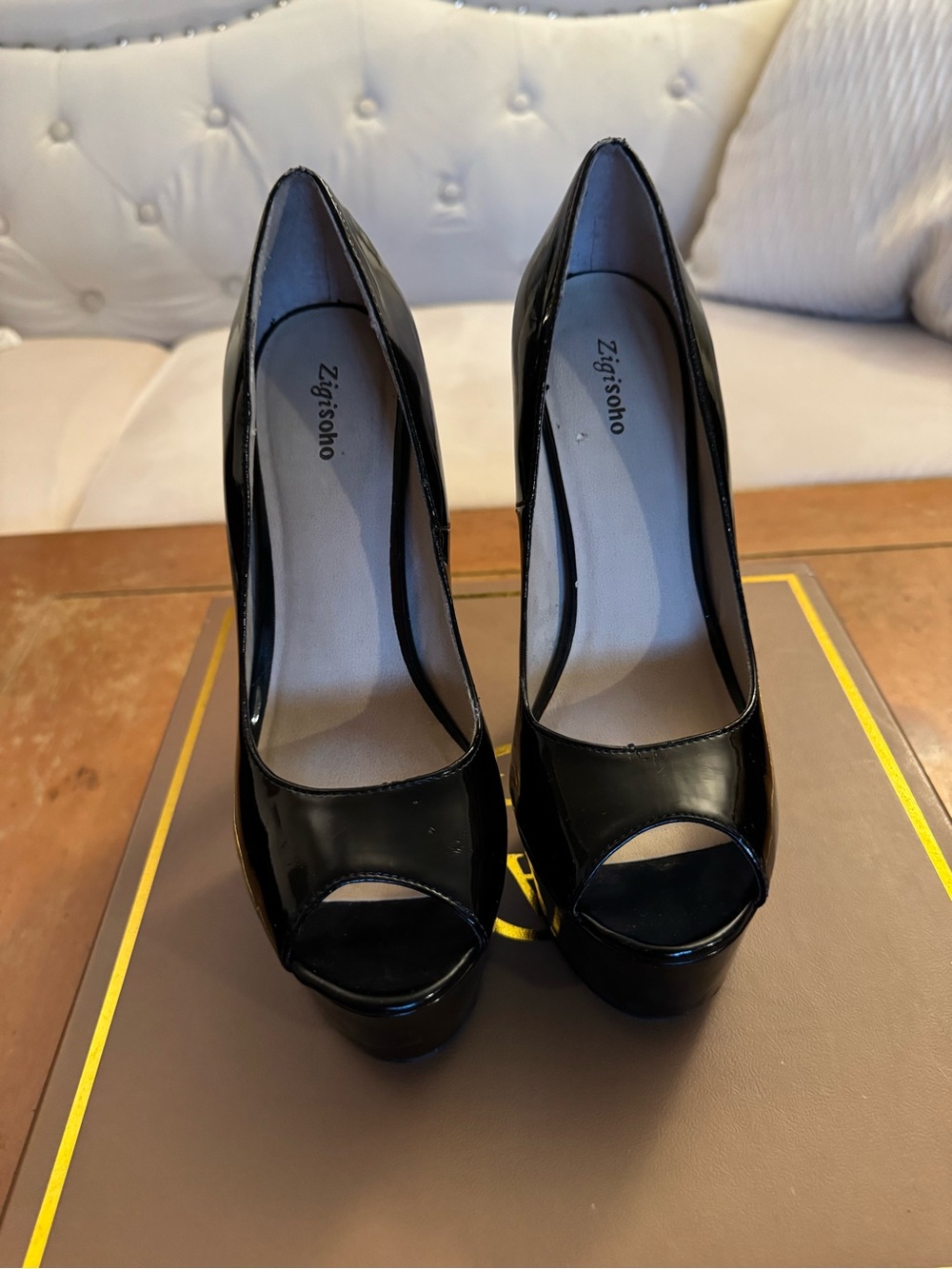 Zigi Soho Black Patent Peep-Toe Platform Pumps